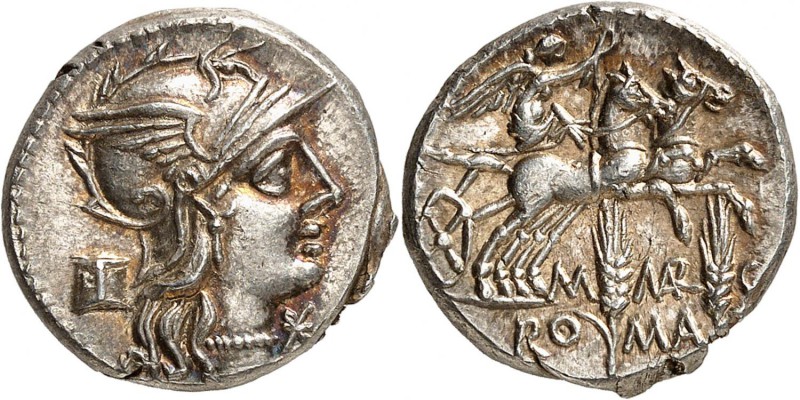 Crawford 245/1, ROMAN REPUBLIC, M. Marcius, AR Denarius
Rome, The Republic.
M. Marcius, 134 BCE.
AR Denarius (3.95g; 19mm).
Rome Mint.

Obverse: Helmeted head of Roma facing right; modius behind; * below chin.

Reverse: Victory in biga galloping right; two wheat ears and M-MAR-C below; RO-MA in exergue.

References: Crawford 245/1; Sydenham 500; BMCRR 1008-13; Marcia 8.

One of the moneyer’s ancestors was an aedile in charge grain distribution to the Roman people, and the modius and wheat ears refer to this family connection. 

