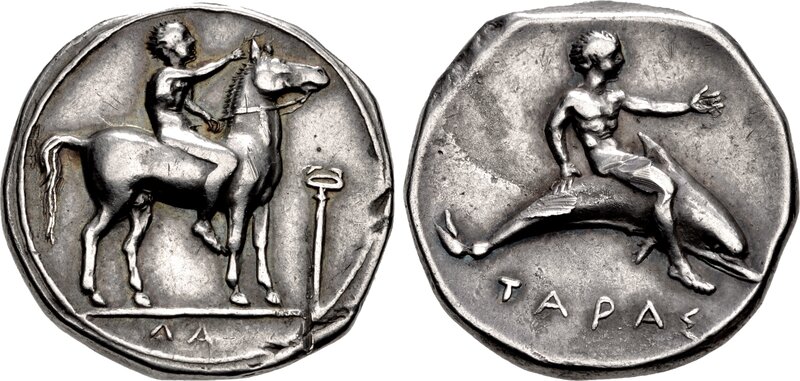 GREEK, Italy, CALABRIA, Taras. AR Nomos. Circa 415-405 BC.
22mm, 7.88 g, 9h
Nude rider seated right on horse, which he crowns; kerykeion to right, &#923;A in exergue / Phalanthos, nude, extending his hand, riding dolphin right. 
Fischer-Bossert Group 21, 297 (V134/R229); Vlasto 320–1 (same dies); HN Italy 851; SNG Copenhagen 803 (same dies); SNG Lloyd 150 (same dies); SNG Lockett 351 (same dies); Hirsch 190 (same dies); Dewing 137 (same dies). 
Even light gray tone, with iridescence around the devices, a few marks under tone on obverse, light scuffs under tone and die flaw on reverse. Near EF. Very rare.

From the Matthew Curtis Collection. Ex William N. Rudman Collection (Triton V, 15 January 2002), lot 1040.
