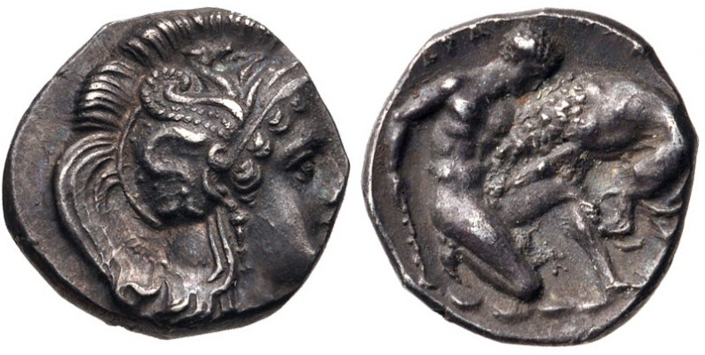 GREEK, ITALY, CALABRIA, Tarentum. Circa 380-325 BC. AR Diobol
CALABRIA, Tarentum. Circa 380-325 BC. AR Diobol (11mm, 1.19 g, 11h). Head of Athena right, wearing crested helmet decorated with hippocamp / Herakles kneeling right, holding club, battling the Nemean Lion. Vlasto 1297 (this coin); HN Italy 911. VF, toned, obverse off center. Good metal.
