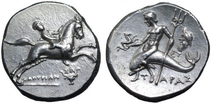 GREEK, Italy, CALABRIA, Taras. AR Nomos. Circa 240-228 BC.
6.56g, 21mm, 11 h
Zopyrion, magistrate. Nude youth on horseback to right, &#918;&#937;&#928;&#933;&#929;&#921;&#937;&#925; below; below forelegs, &#931;&#937; above bukranion / Taras astride dolphin to left, holding hippocamp in extended right hand, trident against left arm; monogram and mask of Silenos right, TAPA&#931; below. Vlasto 941; HN Italy 1054.
Extremely Fine; a beautiful reverse composition. Very Rare.
