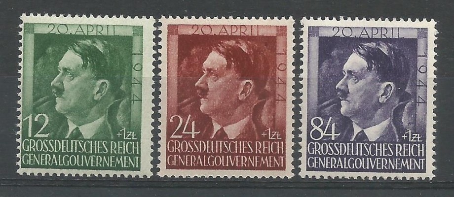 German Occupation of Poland: Celebration of Hitler's 55th Birthday 12, 24, 28 Z&#322; Stamps, issued 20-Apr-1944 (Michel Deutschland-Spezial #117, #118, #119)
The Generalgouvernement issued this set on 20 April 1944 to commemorate Hitler's 55th birthday.
