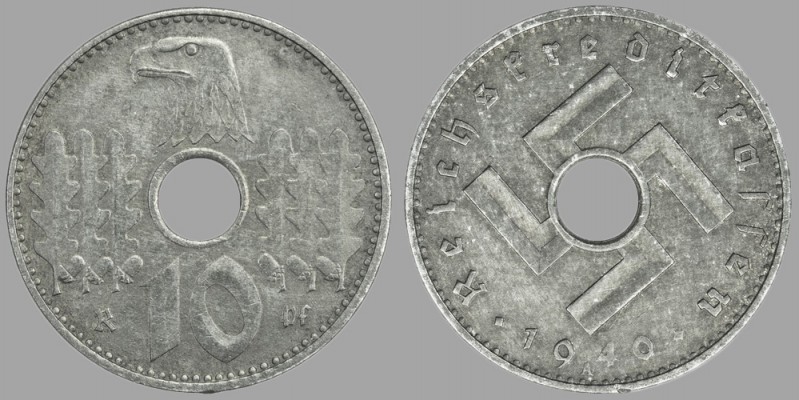 Germany, Third Reich: 1940A 10 Reichspfenning, Military Occupation Coinage (KM#99)
Obv: Large swastika pierced by center hole, date below
Rev: Eagle head above center hole, denomination below

