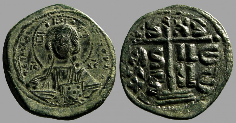Byzantine Empire: Æ Anonymous Class B Follis, Attributed to Romanus III (1028-1034 ), Constantinople Mint (Sear-1823)
Obv: IC-XC to right and left of bust of Christ facing with nimbate cross behind head, square in each limb of nimbus cross, holding book of gospels, a dot in center of dotted square on book
Rev: IS-XS BAS-ILE BAS-ILE to left and right above and below cross with dots at the ends, on three steps
Size: 34.5mm
Wgt: 15.60g
