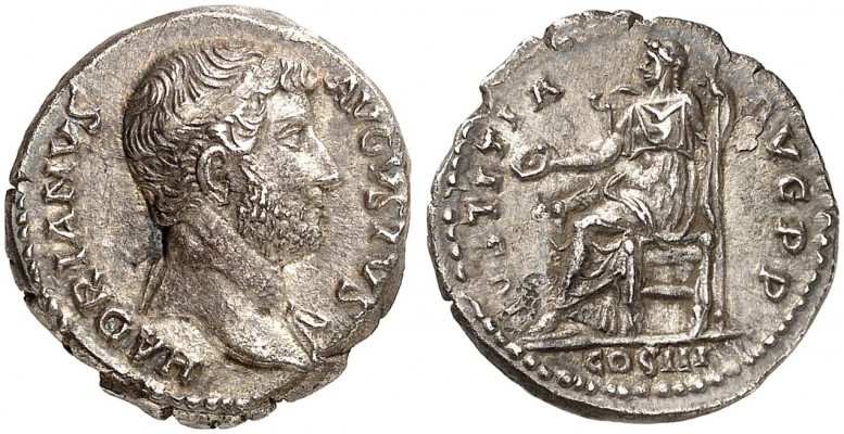 1027 Hadrian Denarius Roma 129-30 AD Justitia
Reference.
RIC II, 215; C. 883; RIC 1027 Strack 326

Bust A2+

Obv. HADRIANVS AVGVSTVS
Bare head, with drapery

Rev. IVSTITIA AVG P P; COS III in ex.
Justitia seated left, holding patera and vertical sceptre

3.39 gr
18 mm
6h

Note.
Philippe Rossignol collection
Ex Peus 399 (2009), 318.
Keywords: RIC 1027