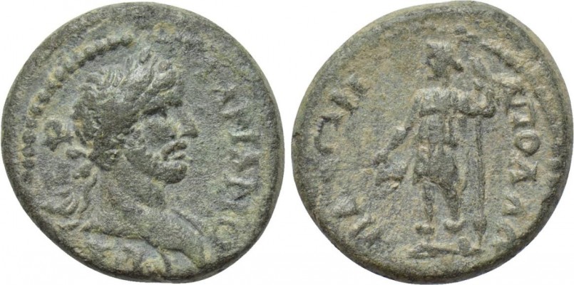 1840 LYDIA, Apollonis. Hadrian, Dionysus standing
Reference.
RPC III 1840/9; SNG Leypold 888. 

Obv: &#913;&#916;&#929;&#921;&#913;&#925;&#927;&#1057; &#922;&#913;&#921;&#1057;&#913;&#929;. 
Laureate bust right, with slight drapery.

Rev: &#913;&#928;&#927;&#923;&#923;&#937;&#925;&#921;&#916;&#917;&#937;&#925;. 
Dionysus standing left, holding thyrsus and pouring cantharus.

4.05 gr
19 mm
6h
Keywords: RPC 1840
