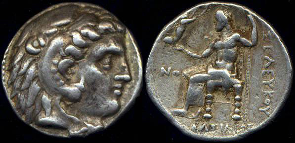 GREEK, CSE 937 (this coin); CSE Plate 56, 937 (this coin)
[b]Seleukid Kingdom, Seleukos I Nikator, 312-281 BC, AR Tetradrachm - Seleukeia on the Tigris[/b]

Head of Herakles right wearing lion skin headdress.
&#914;&#913;&#931;&#921;&#923;&#917;&#937;&#931; &#931;E&#923;EYKOY Zeus Nikephoros seated left, NO in left field.

SC 119.3(a); HGC 9, 16f; ESM 23 (same dies A27-P79); CSE 937 (this coin); CSE 2, 58 (AHNS 1047).
Seleukeia on the Tigris mint ca. 300-296 BC.

(25 mm, 16.91 g, 12h).
ex-William K. Raymond Collection; ex- Arthur Houghton Collection.

Some time in the last five years of the fourth century BC the mint at Seleukeia on the Tigris opened to issue coinage in the name of Seleukos. Initial issues maintained the Zeus Aëtophoros (eagle) reverse image. However, shortly thereafter, the Zeus Nikephoros (Nike) image was introduced in parallel with the Aëtophoros image. The Nikephoros reverse was a direct allusion to Seleukos victory over Antigonos at Ipsos in 301 BC. This is one of three known examples of SC 119.3(a). The others are ESM 23 in the Danish national collection Copenhagen and CSE 2, 58 (AHNS 1047). Seleucid Coins lists another from the Tricala 1979 hoard (CH IX, 000) in the Athens Numismatic Museum, but this is in fact an example of ESM 24 (Zeus Aëtophoros) that was incorrectly catalogued as ESM 23 by Oeconomides - refer Oeconomides Pl. 66, 109. All noted examples are from the same obverse die. The obverse of this coin is a die match to that of a Zeus Aëtophoros issue with identical NO primary control which is now found in the Berlin collection (ESM 24; Newell Pl V, 4). 
