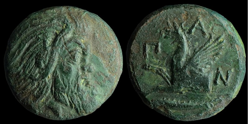 Chersonesos, Pantikapaion Æ22
Chersonesos, Pantikapaion

310—304 BC.

22mm., 6.93g.

Bearded head of Pan right

&#928;&#913;&#925;. Forepart of griffin left; below, sturgeon left

Reference: MacDonald 69 (vendors)

AAET
