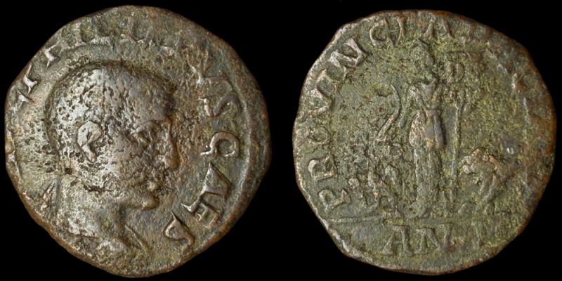 Philip II Provincial AE
Philip II, as Caesar, AE27 of Provincia Dacia

AD 246-247

27mm., 11,69g.

IMP M IVL PHILIPPVS CAES, bare headed, draped & cuirassed bust right

PROVINCIA DACIA, Dacia standing left, holding curved sword & standard inscribed DF, an eagle at feet to left, a lion walking left to right, AN I in ex. 

Reference: Sear GIC 4069, BMC 7.

AAJQ
Keywords: Philip II AE27 of Provincia Dacia