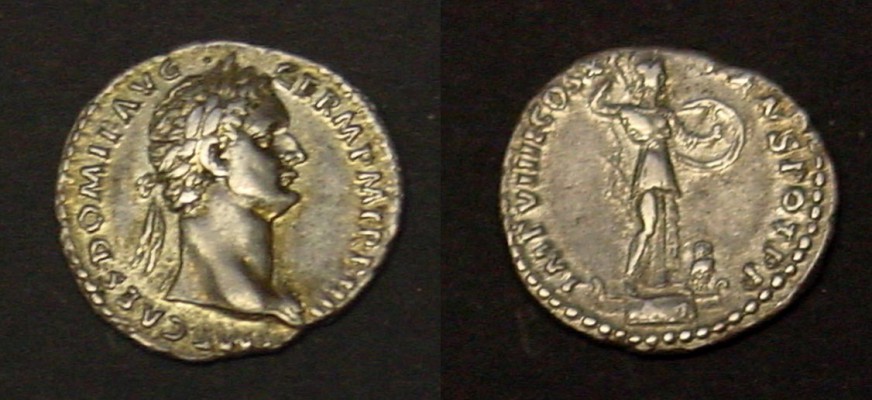 RIC 0334
Domitian AR denarius 85 CE
(19mm, 3.50 grams)
Obv: Head laureate right with Aegis; IMP CAES DOMIT AVG GERM PM TR P IIII
Rev: Minerva standing right on capital of rostral column with spear and shield to right owl; IMP VIIII COS XI CENS POT P P
RIC: 334 (R2)
Ex Dr V.J.A Flynn collection, Noble Numismatics Auction 120 Lot 3222 (part)
Ex: Ye Olde Coin dot au 

