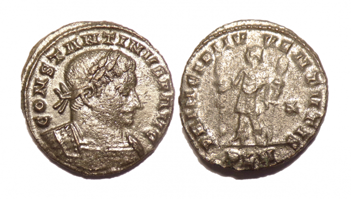 Constantine 7.06.012
Constantine
Obv CONSTANTINVS P AVG
(R.laur.cuir)
Rev PRINCIPI IVVENTVTIS
(Prince in military dress holding a standard in each hand)
| *
PLN in ex
London
RIC VI 219 LMCC 7.06.012 (R)
4.73g,   22.3 mm x 21.9 mm
(Chitry Hoard 153)
(ex CGB)

(The Chitry Hoard was found in 2007 in North Central France. It consisted of about 2500 coins from the late 3rd – early 4th centuries.)

