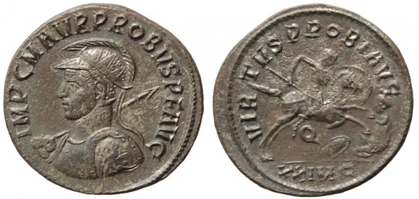 PROBUS RIC 912 CORR. OFFICINA 4 HORSEMAN AND ENEMY ON SHIELD
OBVERSE: IMP C M AVR PROBVS P F AVG
REVERSE: VIRTVS PROBI AVG
BUST TYPE: E1 = Radiate, cuirassed and helmeted bust left, holding spear and shield (decorated with Emperor on horse trampling enemy)
FIELD / EXERGUE MARKS: Q//XXIMC
WEIGHT 3.59g / AXIS: 12h / DIAMETER: 21mm
MINT: Cyzicus
RIC 912 CORR. [RIC erroneously cites Cohen 918 (consular bust), instead of Cohen 919 (helmeted, with shield and spear). In reality this reverse type only exists with the latter, military bust]
COLLECTION NO. 1037

Note: extremely rare and sought-after by collectors reverse type with Emperor on horse spearing knealing enemy (VIR-1 in Gysen's classification). This is by far the rarest and most interesting reverse type among the (limited) reverses struct at Cyzicus under Probus (though the same reverse type is quite common at Serdica).

This is only the 4th specimen from officina "Q" known to me (including all different variants of shield decorations)

Provenance: OBOLOS auction 7 lot 466
Keywords: PROBUS
