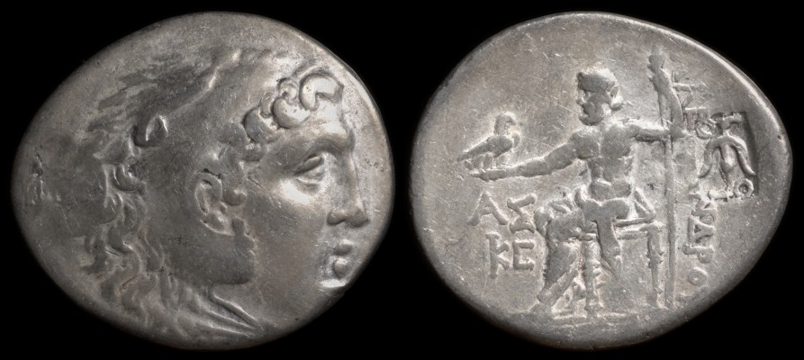 EB0089 Herakles / Zeus
Kingdom of Macedon, Alexander III, AR tetradrachm. Posthumous issue, year 26 = 187-188 BC.
Obverse: Head of Herakles right in lionskin headdress.
Reverse: A&#923;E&#926;AN&#916;&#929;OY, Zeus seated left, holding eagle and sceptre, right leg drawn back. A&#931; over date K :Csquare: in left field, rectangular Seleukid countermark of anchor to right.
References: SNG Israel 1235, Price 2901.
Diameter: 32mm, Weight: 16.55g.
