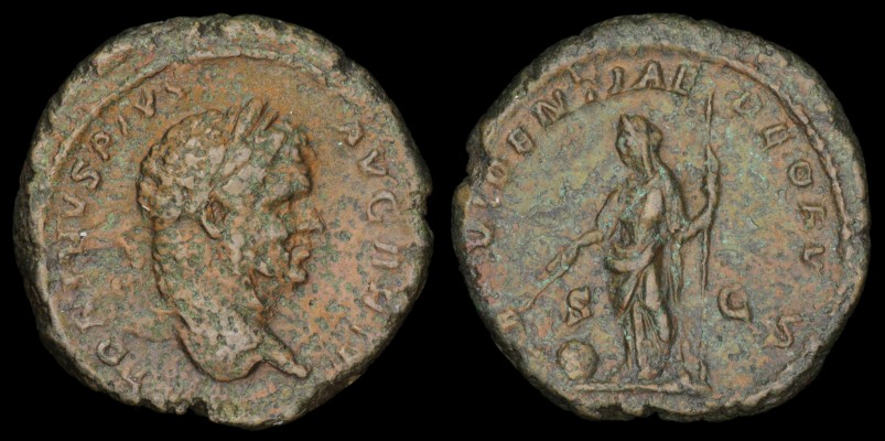 EB0489 Caracalla / Providentia
Caracalla, AE As, 210-213 AD.
Obv: [AN]TONINVS PIVS AVG BRIT, laureate, draped, cuirassed bust right
Rev: [PRO]VIDENTIAE DEORVM around, S-C across fields, Providentia, draped, standing left, holding wand in right hand over globe and sceptre in left hand.
References: RIC IV 519.
Diameter: 25.5mm, Weight: 9.631 grams.
Keywords: Caracalla Providentia