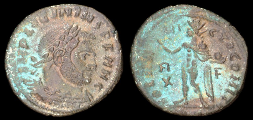 EB0765 Licinius I / Sol
Licinius I 308-324, Rome?, AE follis. 313 AD.
Obverse: IMP LICINIVS P F AVG, laureate, cuirassed bust right.
Reverse: SOLI IN-VI-CTO COMITI, Sol standing left, chlamys across left shoulder, holding globe, raising right hand. A/X-F (R/X-F?) across the fields. Uncertain mintmark.
References: Cf. RIC VI Rome 4,23,29.
Diameter: 20mm, Weight: 2.999g.
