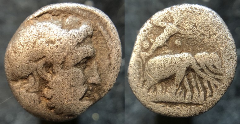 22158 Seleukos I Nikator/Quadriga of Elephants
22158 Seleukos I Nikator/Quadriga of Elephants
SELEUKID EMPIRE. Seleukos I Nikator. 312-281 BC. AR Drachm
Seleukeia on the Tigris II mint. Struck circa 296/5-281 BC.
Obv: Laureate head of Zeus right
Rev: BA&#931;I&#923;E&#937;&#931; &#931;E&#923;EYKOY
Athena, brandishing spear and shield, in quadriga of elephants right; &#920; above elephants.
3,69 gr. 16 mm
SC 131; ESM 82; SNG Spaer 101


