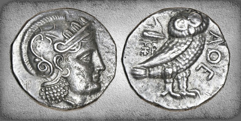 Baktria. Sophytes. AR Didrachm
Baktria. Sophytes Athenian series.  295/3-285/3 BC.  AR Didrachm (7.91 gm, 18mm, 6h) of the Oxus region.  Head of Athena r. with earring and crested Attic helmet decorated with olive leaves and spiral palmette, HAEP monogram to l. / Owl standing r., head facing; to upper l., prow of galley r. above grape bunch on vine, ΑΘΕ.  VF.  [i] Possibly coinage of Andragoras, satrap-usurper of Seleucid Parthia. Sophytes then ruled until overrun by nomadic Parni, c. 238 BC. [/i] CNG EA 459 #398. Nomisma Coll.  SNG ANS 9 #4; HGC 12 #3; Kritt Ai Khanoum pp. 64-70; SMAK pp. 64-70; Taylor 2.14 #108-111 (a14/p?); Nicolet-Pierre & Amandry 43-51; cf. Bopearachchi Sophytes Group 1A.

