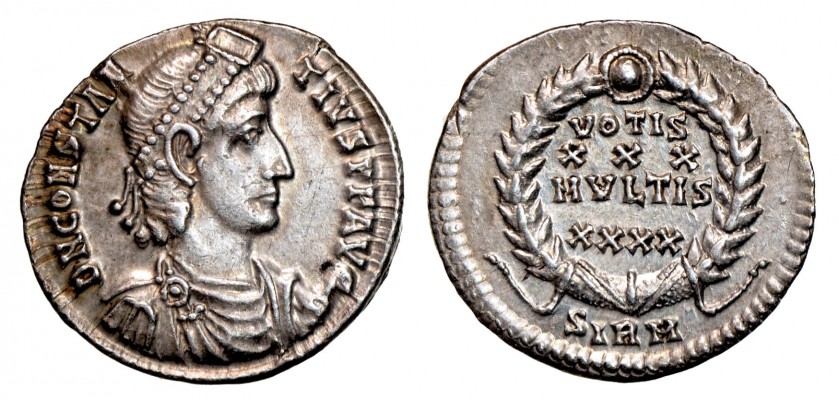 Constantius II. Votis XXX Siliqua of Sirmium.
Roman Empire. Constantius II. 337-361 AD. AR Siliqua (3.02 gm, 21.1mm, 12h) of Sirmium, 353-355 AD. Pearl diadem, draped & cuirassed bust right, D N CONSTANTIVS P F AVG. / VOTIS XXX MVLTIS XXXX in four lines within wreath. Ex: SIRM (no dot or crescent). EF.  Bt. Coral Gables, 2001.  RIC VIII p.385 #15; RSC V #343e; SRCV V #17936.
