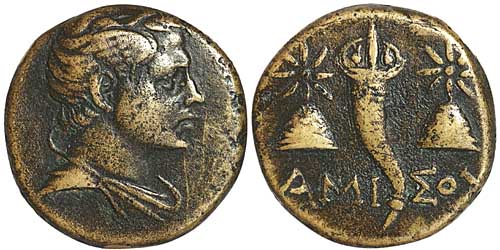 A bronze coin of Amisos showing Perseus with winged head