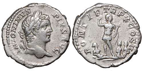 A silver denarius of the emperor Caracalla with a reverse showing the emperor with a river god and two captives