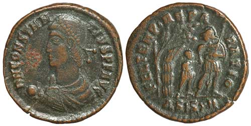 A billon centenionalis of the emperor Constantius II, hut type; RIC VIII Siscia 215, unlisted officina