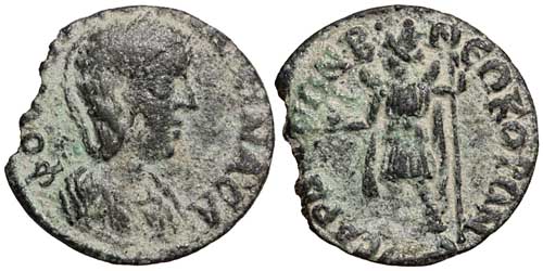 A bronze coin of Tranquillina from Sardes in Lydia showing the moon god Men