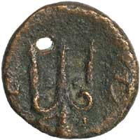The reverse of a bronze coin of Corinth showing a trident