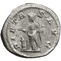 The reverse of a denarius of Julia Maesa showing Pietas at an altar